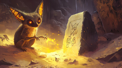 Ancient aye aye statue partially buried in glowing sands with forgotten glyphs and a mystical aura radiating from its stone finger. [Frozen Monoliths] | Glacier Relic | buried stone. Illustration