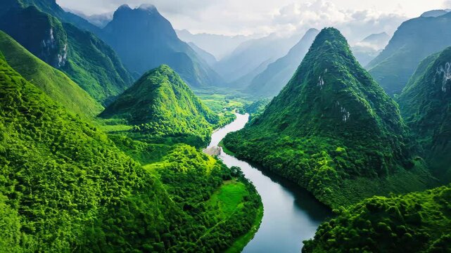 Green Valley: An aerial panorama reveals a breathtaking valley sculpted by nature, where verdant peaks frame a winding river. The scene radiates tranquility and the grandeur of natural beauty.