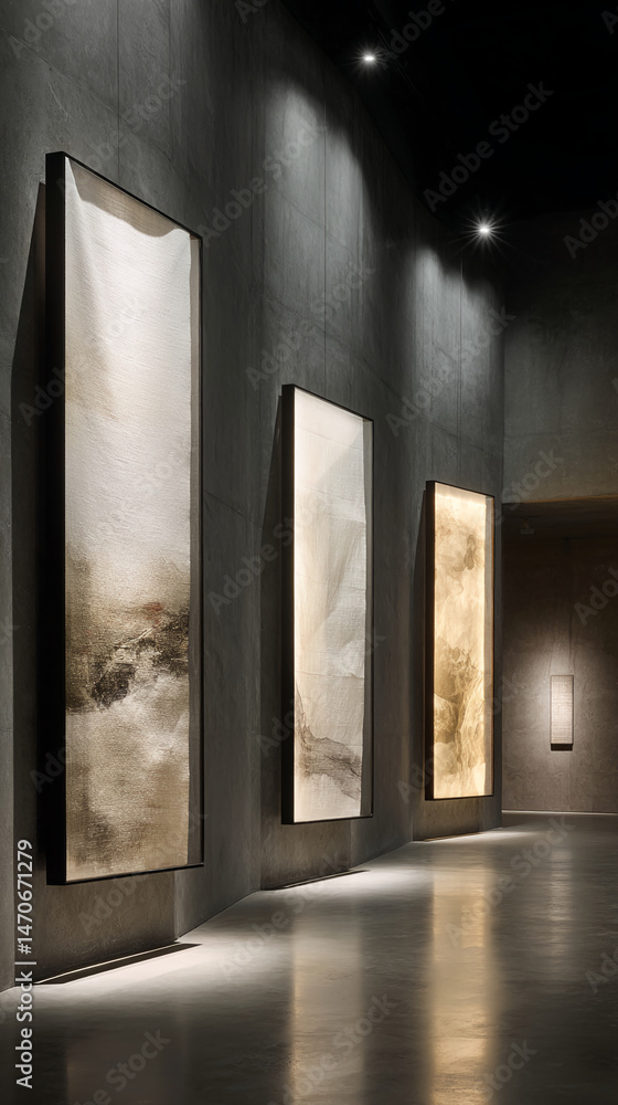 Poster three framed abstract artworks on a gray wall, illuminated by spotlights, creating a minimalist and 
