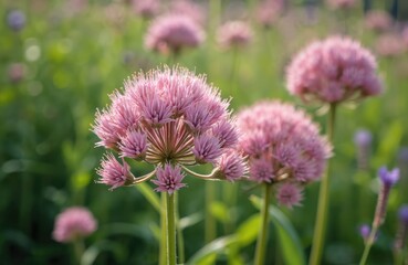 Fototapeta premium Close-up of Queen of the Prairie plant with pink, fluffy blooms. Green blurred background. Native plant garden during summer. Nature scenes, floral beauty, environmental eco-friendly concepts.