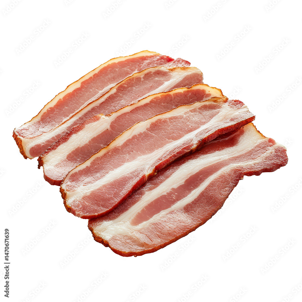 Poster raw bacon slices arranged neatly on a clean transparent surface for cooking and meal preparation, ra