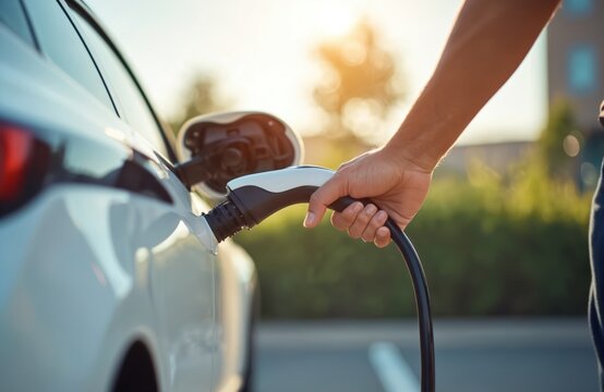Male hand plugs power cable electric car charging station. Eco-friendly alternative energy. Modern battery vehicle charging outdoors. Sustainable transport. Future tech.