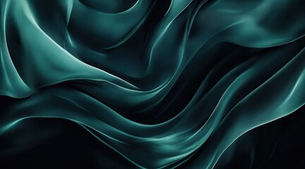 Obraz premium Teal, flowing, luxurious fabric drapes in deep shades of teal and dark teal, elegantly draping and flowing in soft, smooth curves against a deep black backdrop. Detailed 3D render of fabric textures