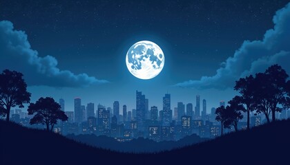 Fototapeta premium Night cityscape featuring full moon, star-filled sky. Dark blue urban scenery with city skyline, skyscrapers silhouettes, glowing city lights, trees. Nocturnal landscape design, perfect for night