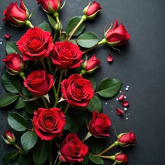 Fototapeta premium Close-up of vibrant red roses with buds, open flowers on dark background. Romantic floral arrangement for valentine, wedding, birthday, mothers day or other holidays. Bouquet gift for love, beauty.