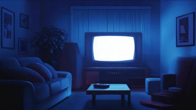 A television is turned off and the room is dark. A couch is in the background. A potted plant is on the left side of the room