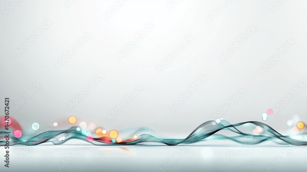 Poster soft flowing waves with colorful light bokeh on a bright background