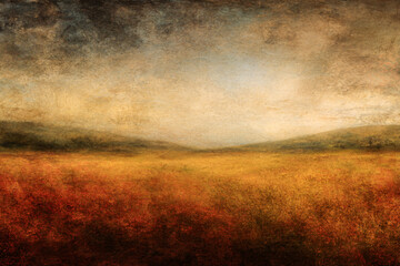 Golden Horizon's Embrace: A mesmerizing landscape where golden fields stretch endlessly towards a textured sky, an artistic blend of nature's beauty and ethereal charm.