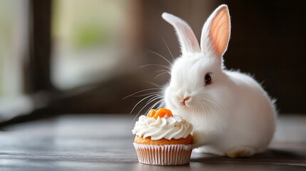 Adorable white rabbit nibbling a sweet cupcake.