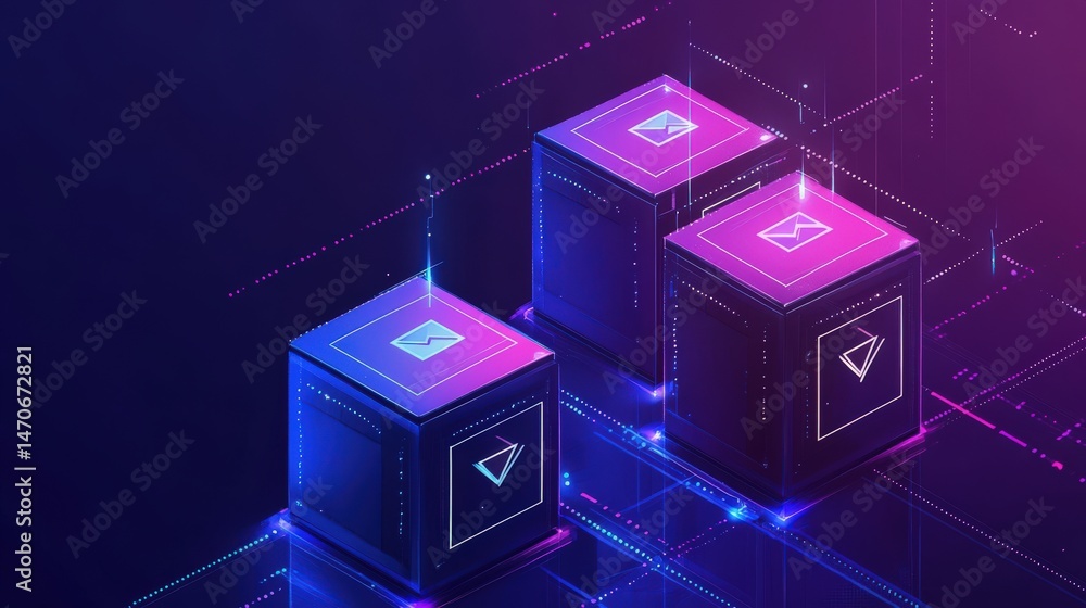 Aufkleber digital blocks with network connections and glowing icons.
