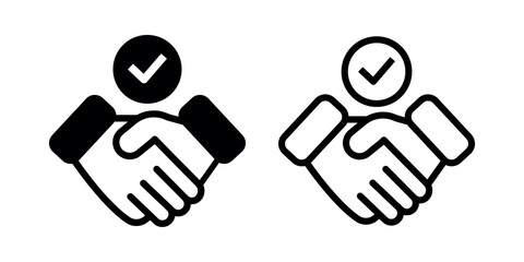 Handshake with checkmark line and filled icon. Partnership deal symbol. Agreement,  contract verification pictogram. Trust and business cooperation vector illustration. Investors meeting © LanaLana