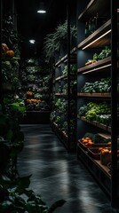 Fototapeta premium Dark, modern grocery store aisle filled with fresh produce, greenery, and wooden shelving