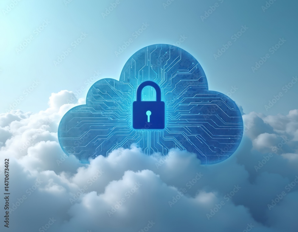 Fototapete Digital cloud computing security concept. Blue cloud with lock icon above white fluffy clouds. Data protection technology. Concept of safe storage, network, cyberspace, online safety.