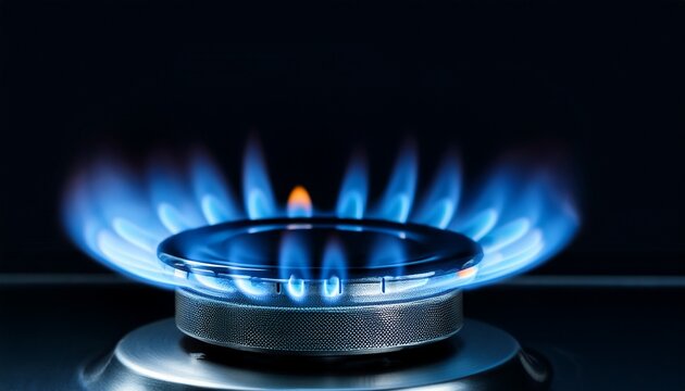 natural gas burning on the stove blue flame on a black background