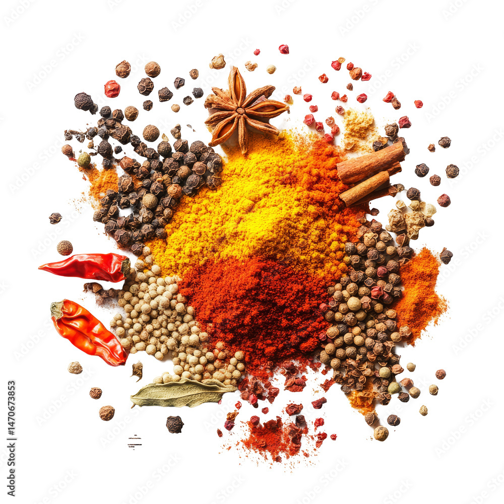 Poster aromatic spices and seasonings arranged in a colorful display from a top view perspective, top view 