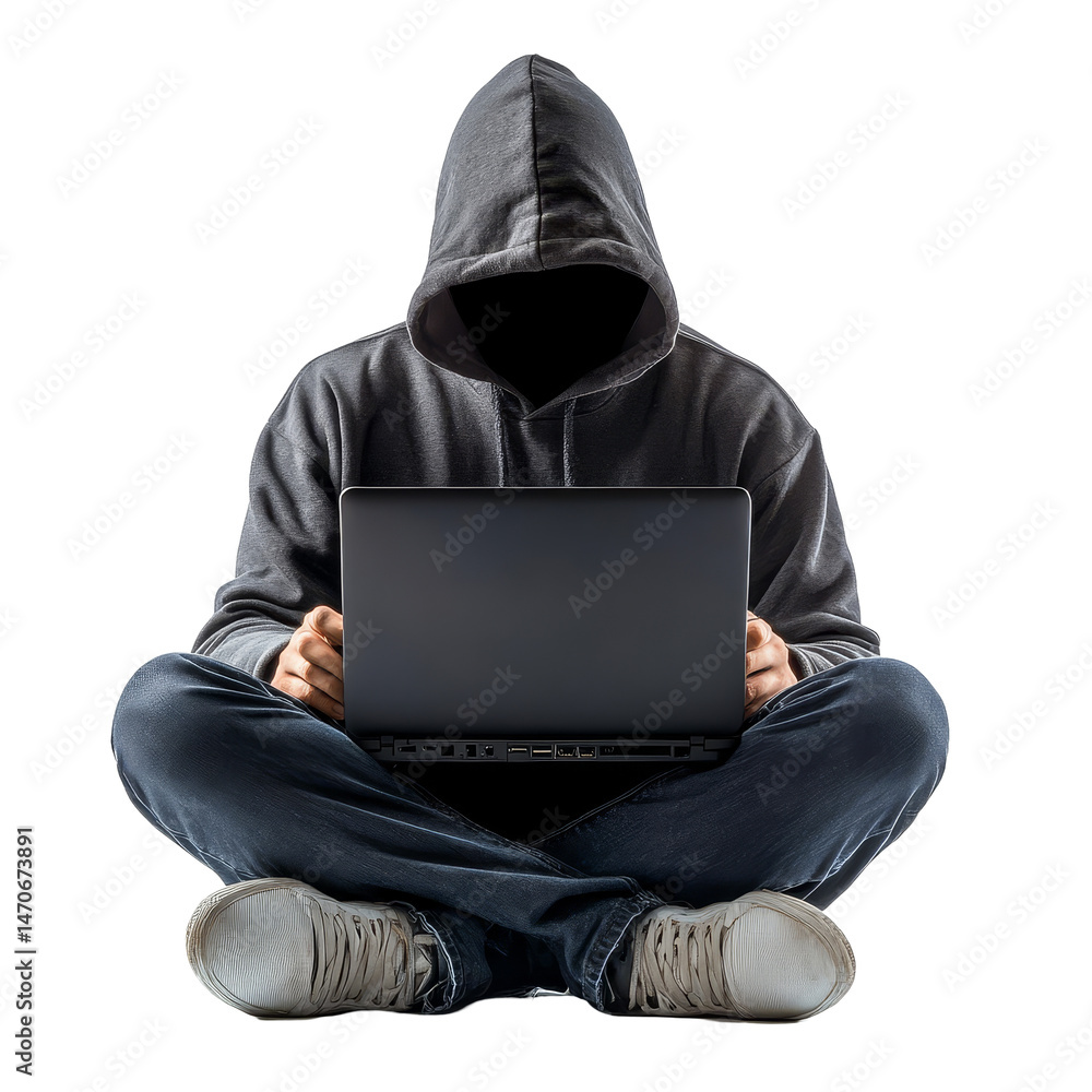 Poster hooded hacker working on a laptop in a minimalist setting with a focus on anonymity and digital acti