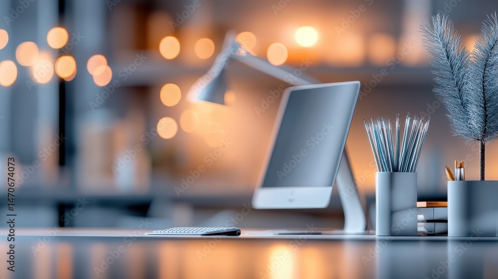 Aufkleber modern workspace with computer and stationery in cozy atmosphere with bokeh lights