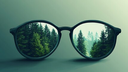 Eyeglasses reflecting a forest nature and perspective