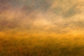 Golden Field Under the Sky: An evocative landscape displays a rich, textured field under an expansive sky with soft hues of orange, gold, and hints of blue.