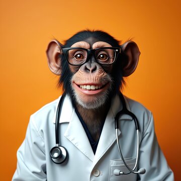 Smiling monkey doctor portrait with stethoscope, wearing eyeglasses and lab coat. Orange background. Funny chimpanzee medical concept. Educational theme. Health care advertising.