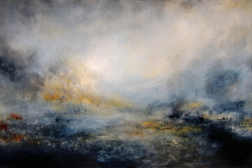 Abstract Dreamscape:  A mesmerizing abstract painting, characterized by a vast, ethereal landscape painted in muted hues of blue, gray, and gold.