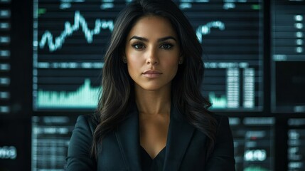 Fototapeta premium Confident woman in front of financial data displays.