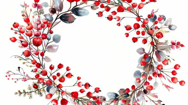 Elegant wreath illustration with vibrant red berries and delicate leaves arranged in a circle. Watercolor technique creates a soft, artistic feel. Ideal for festive holiday cards and decorations.