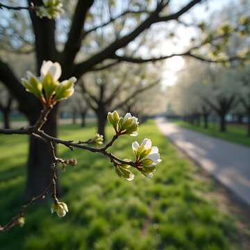 Brotes de flores de rizomas que florecen en el sendero arbolado del parque.