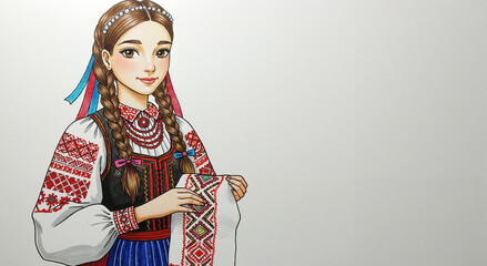 Traditional Young Woman Holding Embroidered Cloth Illustration  