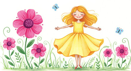 Fototapeta premium Happy girl dancing among colorful flowers in a vibrant garden 