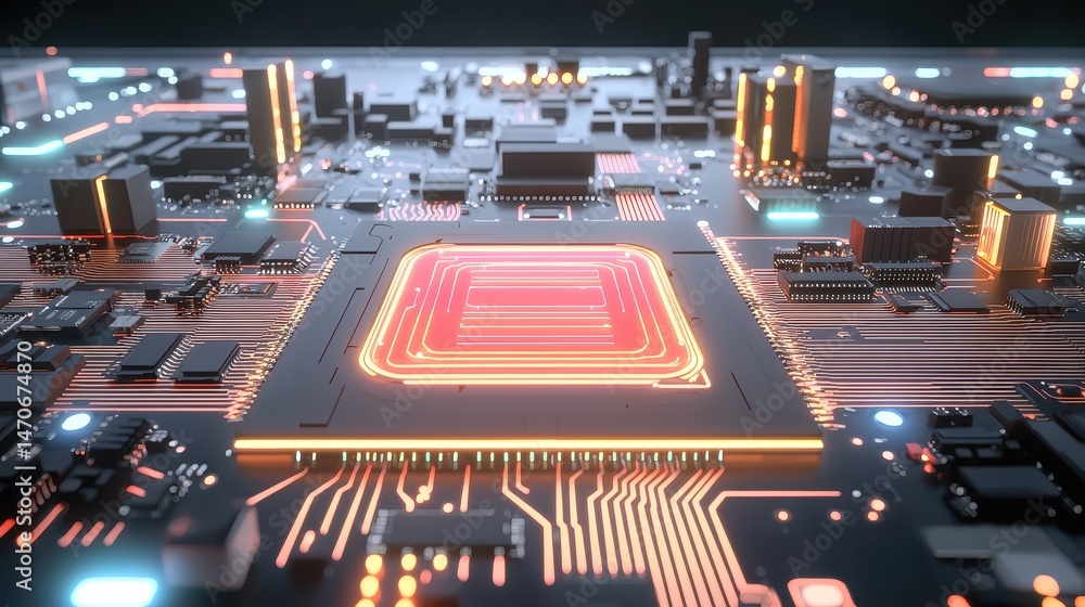 Poster futuristic technology circuit board with led lights and microchips in close up view