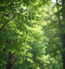 Fototapeta premium Soft, blurry green leaves, dappled light, unfocused forest background, out of focus, natural