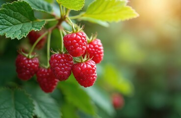 Fresh red raspberries on branch. Group of ripe berries with green leaves on a sunny background. Harvest of juicy sweet fruits from countryside garden. Berries are rich in antioxidants.