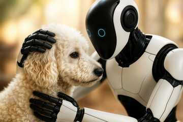 Domestic robot holding poodle