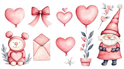 Romantic Valentines Day Concept with Pink Hearts, Ribbons, and Envelope