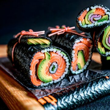 Gourmet Sushi Burrito with Salmon and Avocado:Fusion sushi burrito sliced to show fresh ingredients, perfect for trendy foodies and Japanese-Mexican cuisine.
