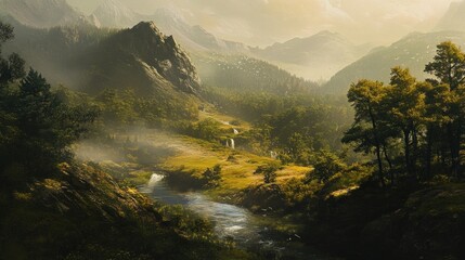 Serene mountain valley with flowing river, misty peaks, and lush green forests