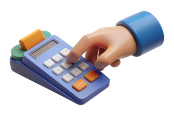 A colorful, stylized calculator with a hand pressing a button. The calculator is blue with a green and orange top, featuring a small display and multiple white and orange buttons. The hand appears car