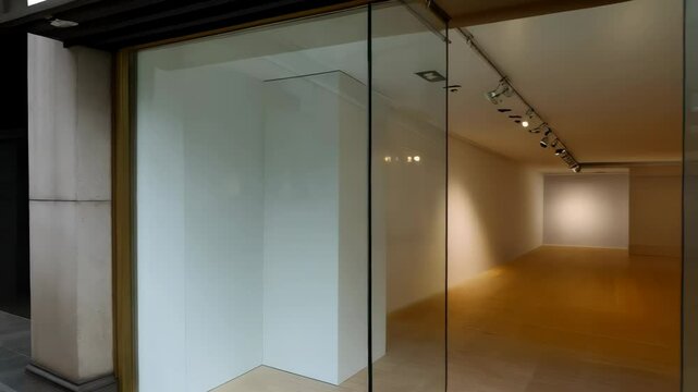 Empty storefront with glass windows and modern track lighting showcasing a blank interior space ready for occupancy