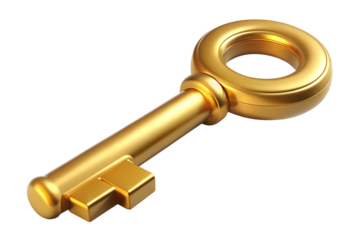 A shiny gold key with a circular head and a straight shaft, featuring a single notch on the blade, resting on a white background.