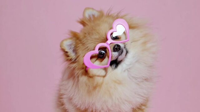 Adorable pomeranian in heart glasses playfully posing against pink background