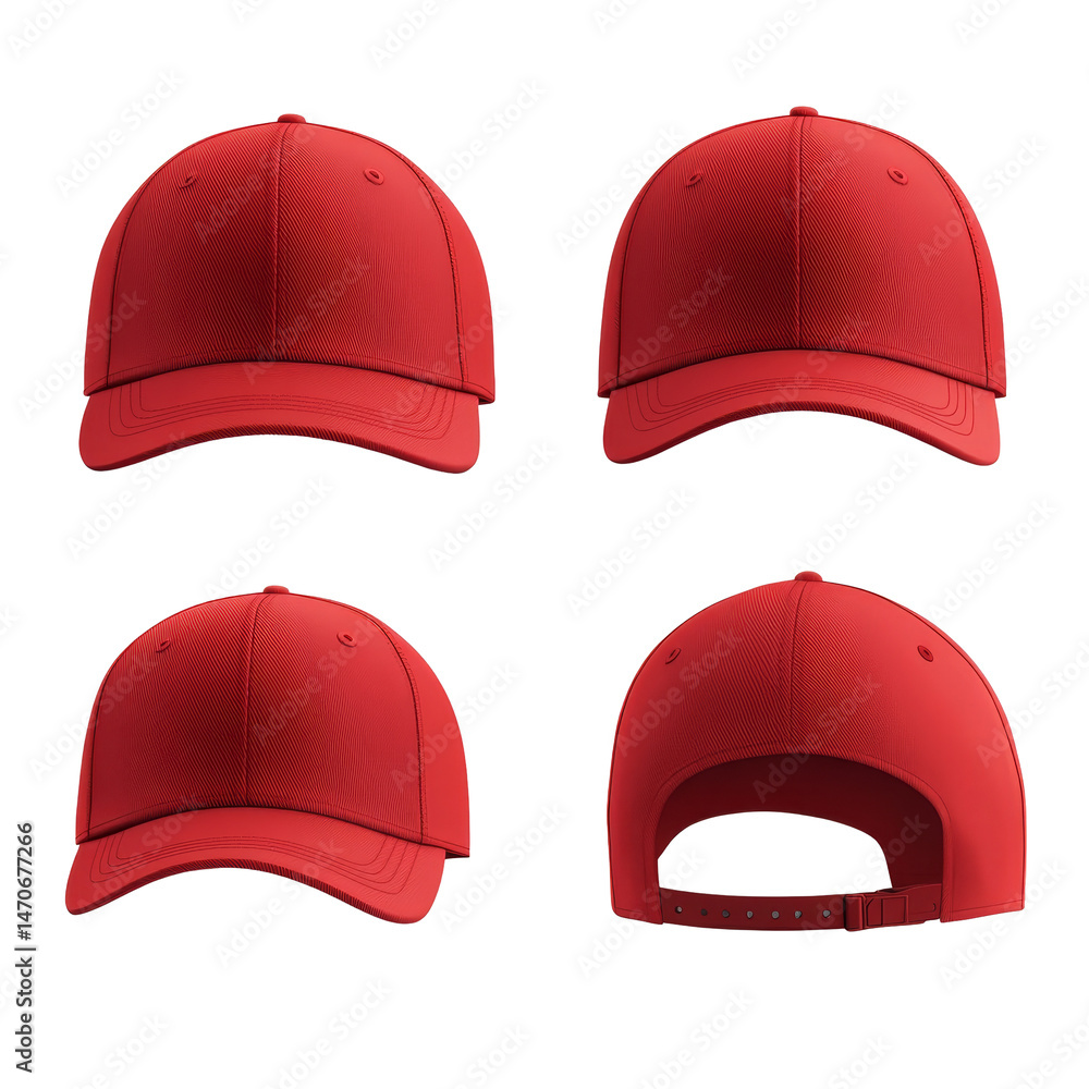 Poster different views of red baseball caps displayed on a transparent background showcasing style and desi