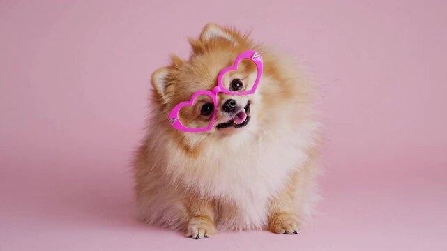 Adorable pomeranian puppy poses with pink heart glasses on soft pink background