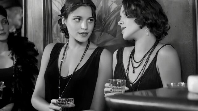 Black and white vintage portrait of two women in 1920s style clothing holding cocktails, talking, at a bar