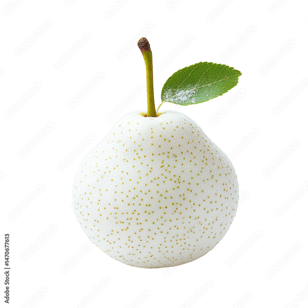 Poster snow pear on a bright transparent background showcasing its smooth texture and fresh green leaf, sno