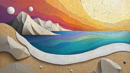Cubist coastline with beach segmented into sharp, angular blocks, waves crashing in geometric formations beneath a surreal, colorful sky.