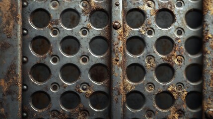 Aged metal panel with circular perforations.