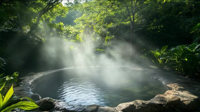 A large body of water with steam rising from it. The water is blue and surrounded by green plants