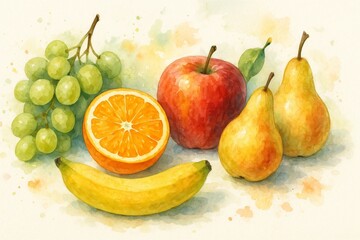 Natureza morta com frutas — ilustração em aquarela de bananas, maçãs, laranja e uvas


