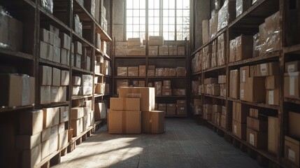 Well-lit warehouse interior with many boxes on shelves.